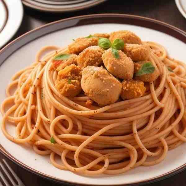 Спагетти с курицей и овощами